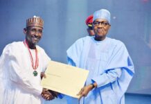 The FCT Minister Malam Muhammad Musa Bello confered with the National Honours Award by President Muhammadu Buhari.